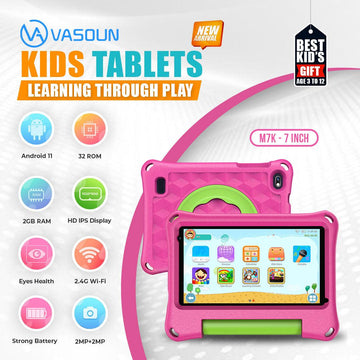 VASOUN Kids Tablet, 7 inch IPS Screen, Android 11, Parental Control, Kids app, Quad Core Processor, 2GB RAM, 32GB ROM, 2MP Front + 2MP Rear Camera, with Kids-Tablet Case - AngelEze
