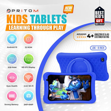 PRITOM Kids Tablet, 8 inch HD IPS Screen, Android 10, Parental Control, Quad Core Processor, 2GB RAM, 32GB ROM,  2MP + 8MP Dual Camera, with Kids-Tablet Case - AngelEze