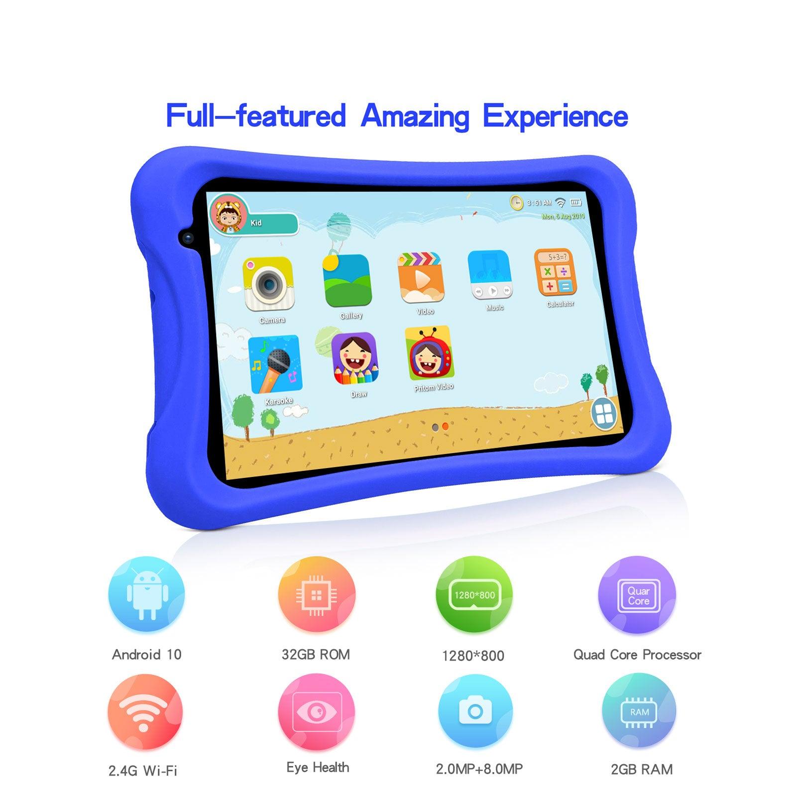 PRITOM Kids Tablet, 8 inch HD IPS Screen, Android 10, Parental Control, Quad Core Processor, 2GB RAM, 32GB ROM,  2MP + 8MP Dual Camera, with Kids-Tablet Case - AngelEze