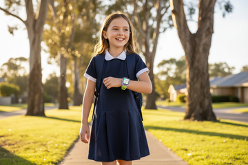 Young girl walking home from school wearing the K9 AI Kids Watch with GPS tracking active