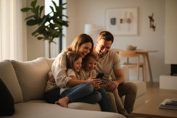 Happy Australian family sharing a joyful moment together at home, reflecting the peace of mind the K9 AI Kids Watch brings to families"