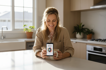 Australian mum researching whether a kids smartwatch is worth it, browsing the K9 AI Kids Watch on her phone over morning coffee