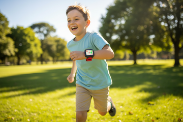 Child playing outdoors wearing the K9 AI Kids Watch with real-time GPS tracking active