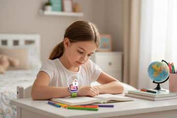 Child using the K9 AI Kids Watch at home with parental screen time controls active