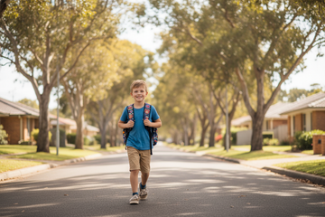 Confident child walking independently to school on a safe suburban Australian street