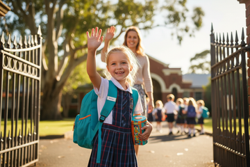 Young girl in school uniform waving goodbye at primary school gates on first day back