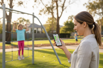 Relieved Australian mother checking her phone after receiving a GPS safety alert from her child's K9 AI Kids Watch