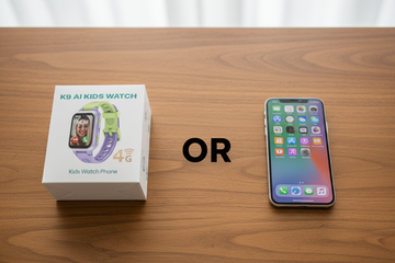 K9 AI Kids Watch box next to a smartphone on a wooden table — helping parents choose the right device for their child