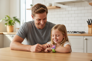 Parent and child setting up the K9 AI Kids Watch together at home, following the step-by-step setup guide
