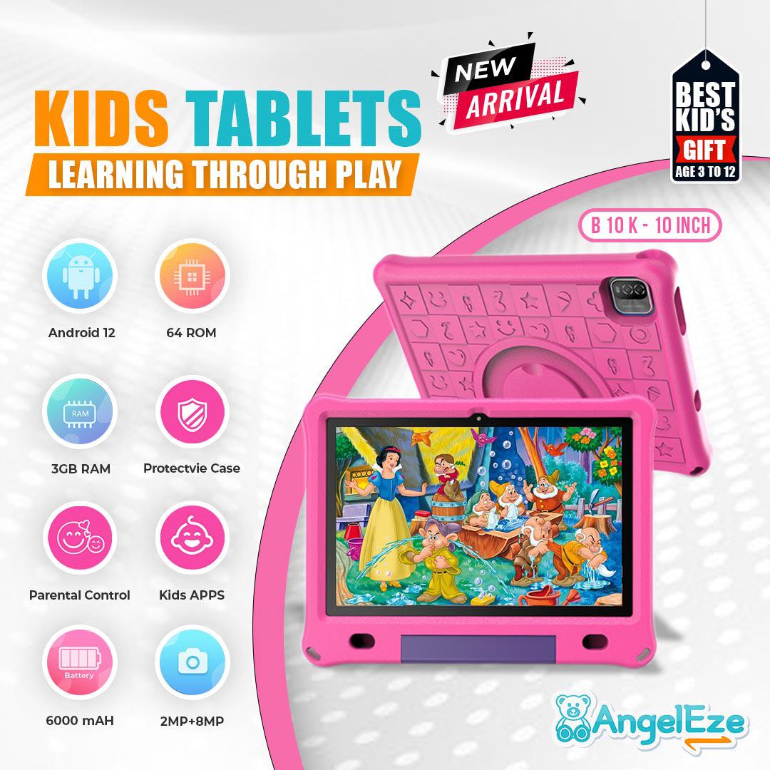 10.1 inch Kids Tablet, Wifi + Quad Core Processor, 3GB RAM, 64GB ROM, 6000mAh Battery, HD Screen, Dual Camera 2MP + 8MP, with tons Pre-Installed Parental Control, Kids Apps and Games - AngelEze