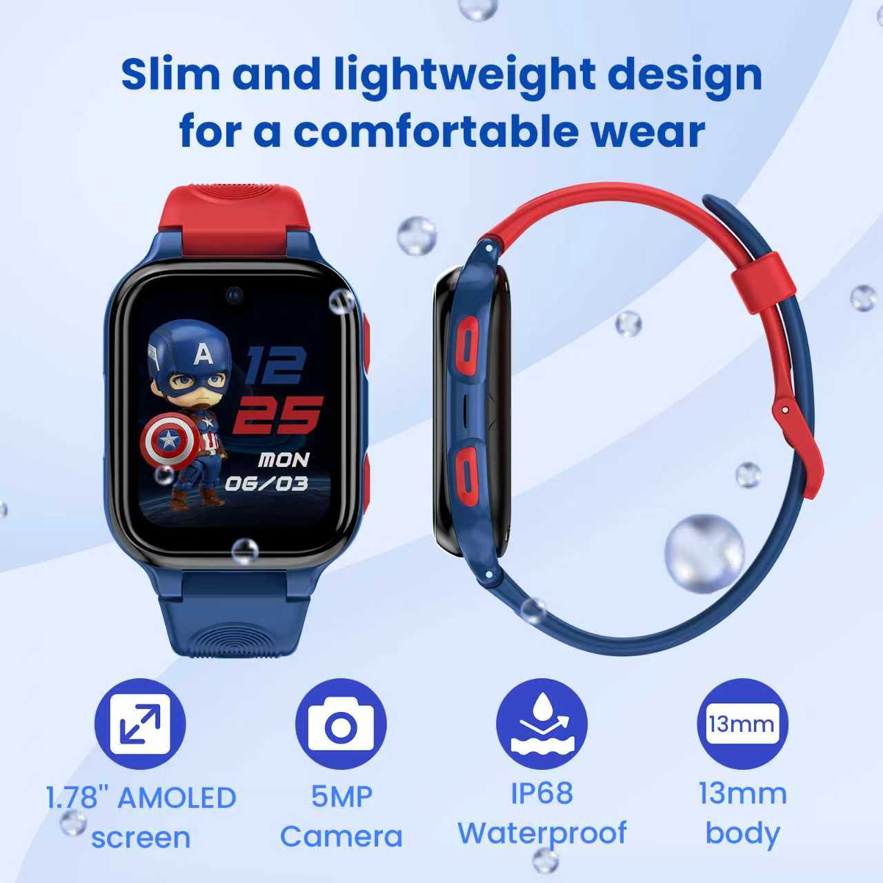 Smartwatch with Captain America design on a blue background, featuring text about its features.
