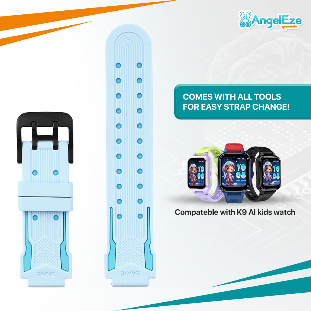 Smartwatch strap with tools for easy change, compatible with K9 AI kids watch, on a white background with AngelEze branding.