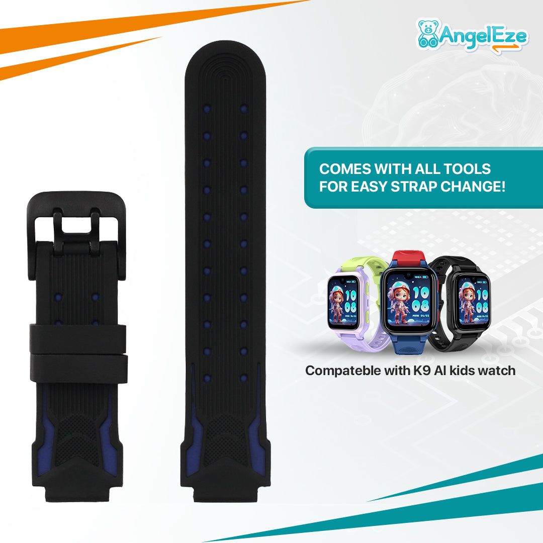 Black watch strap with tools for easy change, compatible with K9 AI kids watch, on a white background with AngelEze branding.
