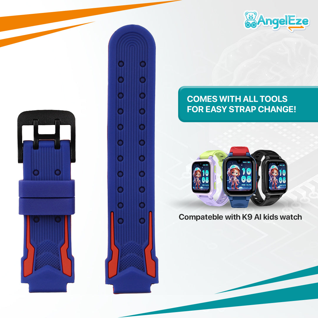 Blue watch strap with tools for easy change, compatible with K9 AI kids watch, on a white background with AngelEze branding.