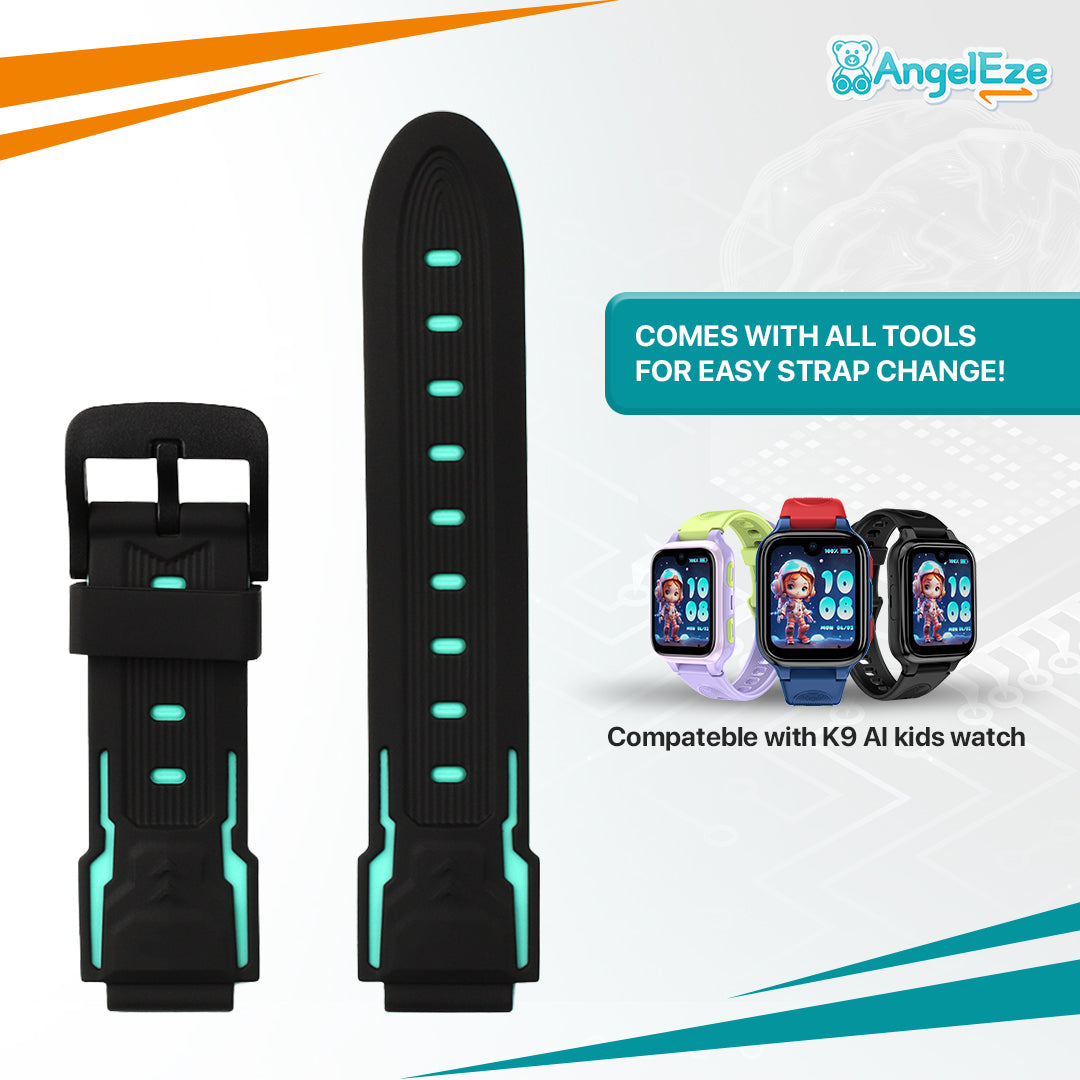 Black and green watch strap with tools for easy change, compatible with K9 AI kids watch, on a white background with AngelEze branding.