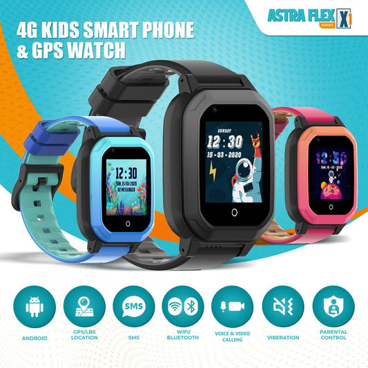Astra Flex X1- Kids 4G LTE Android Smart Watch - 1GB RAM + 8GB ROM, SMS, Vibration, WhatsApp, Wifi, GPS Tracking and Video Calling - AngelEze
