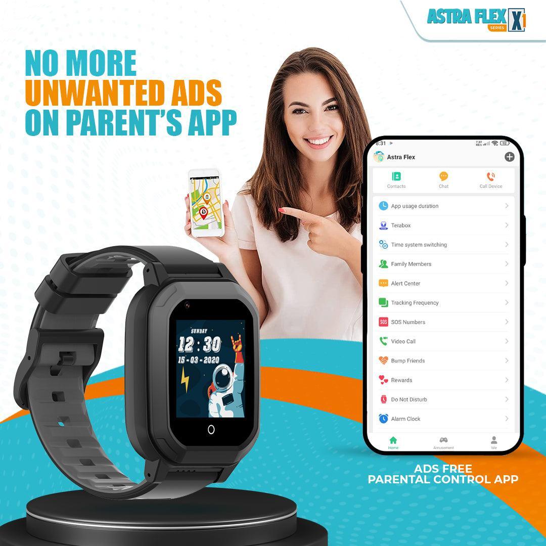 Astra Flex X1- Kids 4G LTE Android Smart Watch - 1GB RAM + 8GB ROM, SMS, Vibration, WhatsApp, Wifi, GPS Tracking and Video Calling - AngelEze