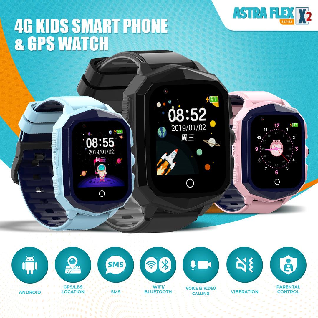 Astra Flex X2- Kids 4G LTE Android Smart Watch - 1GB RAM + 8GB ROM, SMS, Vibration, WhatsApp, Wifi, GPS Tracking and Video Calling - AngelEze