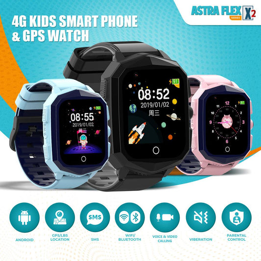 Astra Flex X2- Kids 4G LTE Android Smart Watch - 1GB RAM + 8GB ROM, SMS, Vibration, WhatsApp, Wifi, GPS Tracking and Video Calling - AngelEze