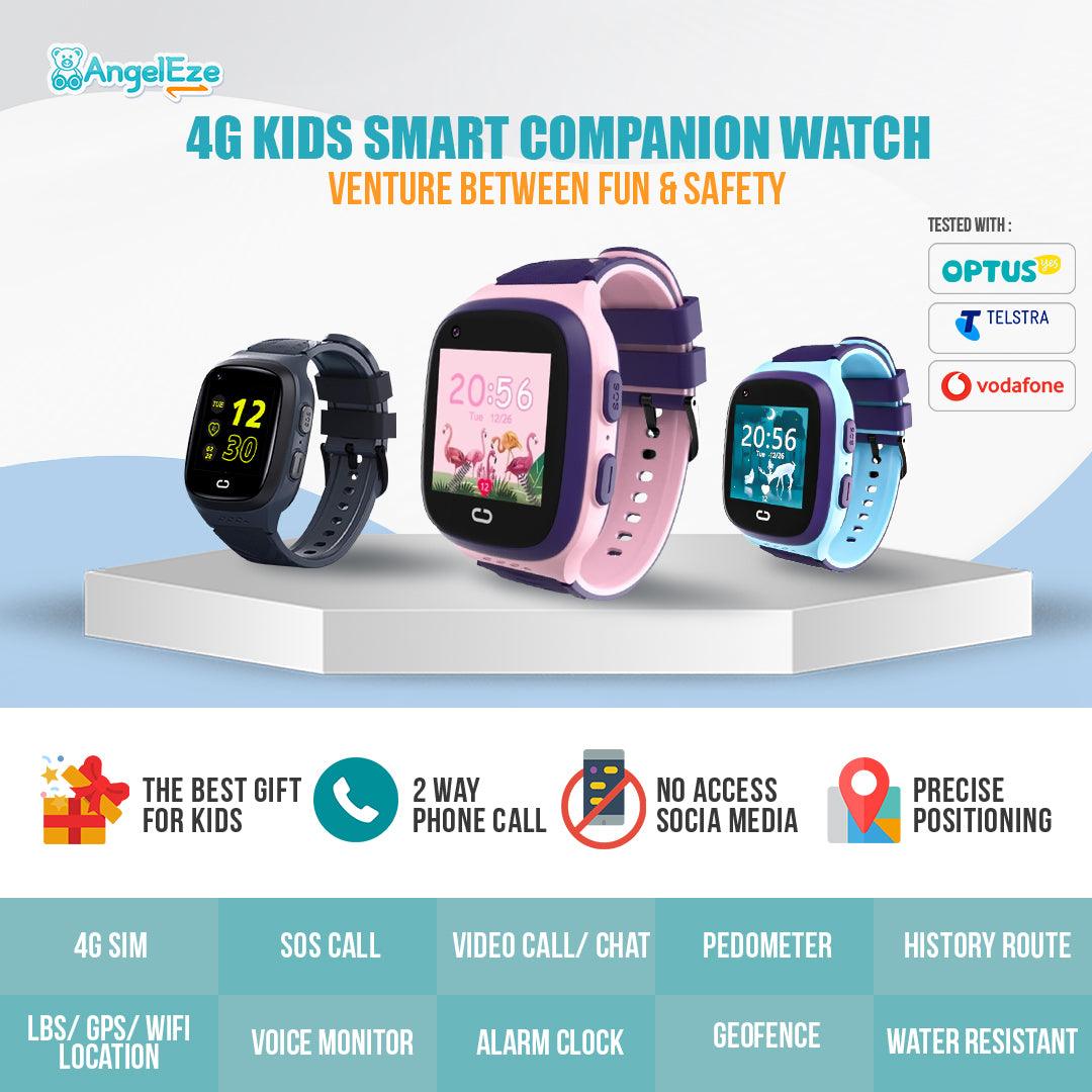 Kids 4G LTE Smart Companion Watch - GPS Location Tracking and Video Calling - IP67 Water Resistant Watch for Kids - AngelEze