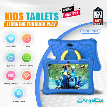 Kids 7 Inch Wifi Tablet, Pritom K7-Pro, Android 11, 2GB RAM, 32GB ROM, Pre-Installed iWawa Kids and Parental Control, Quad Core Processor, Touch Screen, Dual Camera, with Kids-Tablet Case - AngelEze