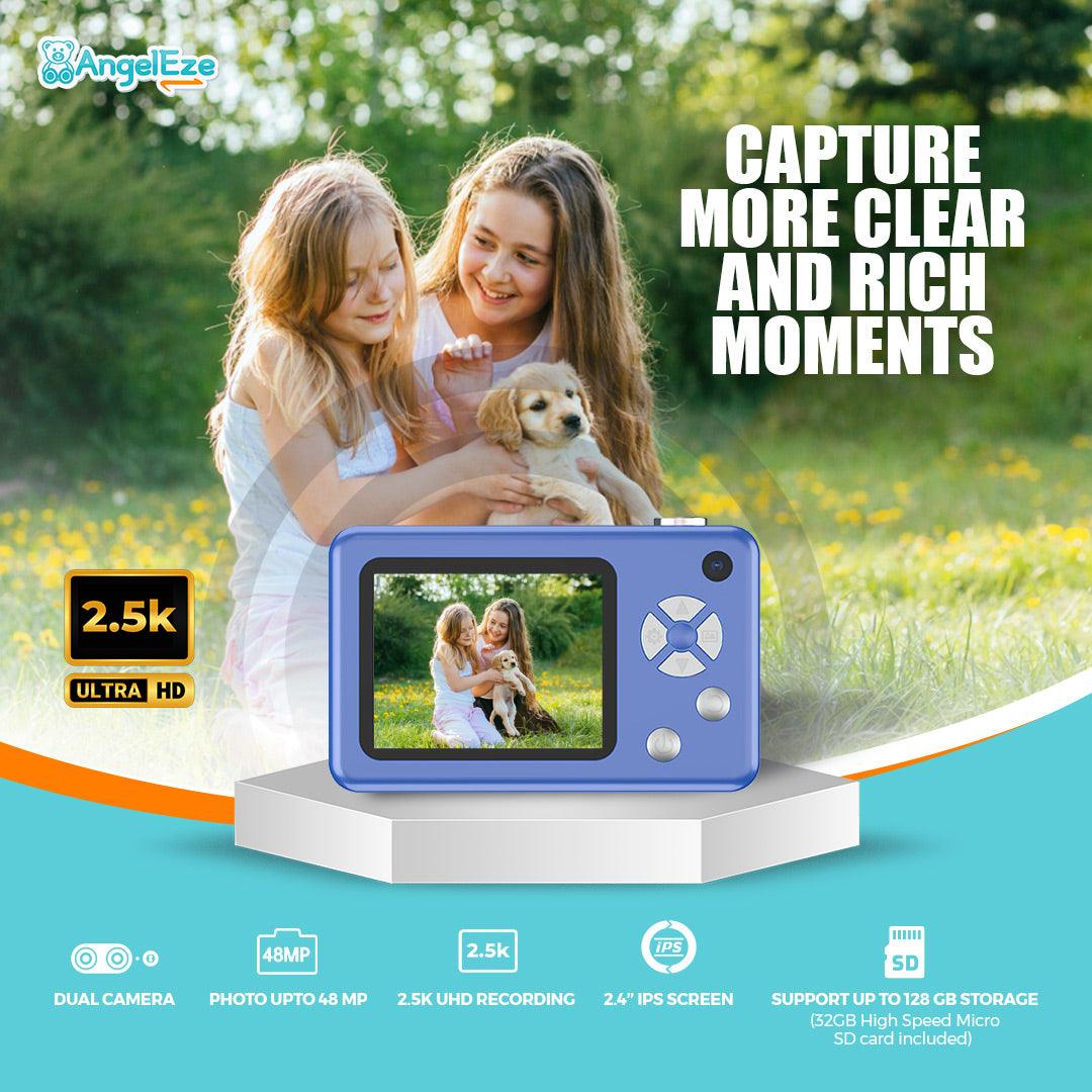 Kids 2.5 UHD Camera - 48MP - 32 GB SD Card - Dual Camera - LCD Screen - Photo and Video - Great Gift - AngelEze