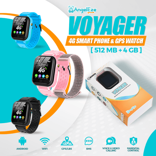 Voyager - Kids 4G LTE Android Smart Watch - 512 RAM + 4GB ROM, SMS, Wifi, GPS Tracking and Video Calling - IP67 Water Resistant - AngelEze