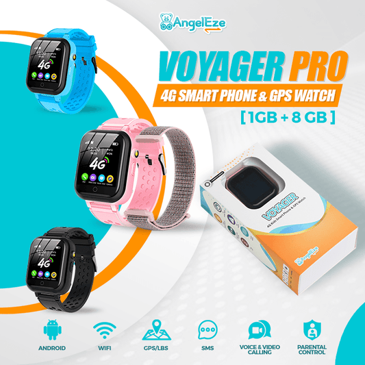 Voyager PRO- Kids 4G LTE Android Smart Watch - 1GB RAM + 8GB ROM, SMS, WhatsApp, Wifi, GPS Tracking and Video Calling - IP67 Water Resistant - AngelEze