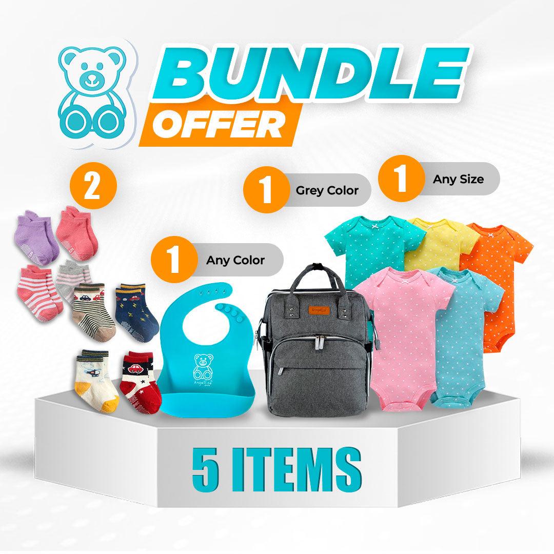 Gift Pack 6 - Anti-Slip Socks (12 Pairs) x 2 + BPA Free Silicone Baby Bib (Set of 2) + Fashionable Diaper Bag + Colourful Rompers (5 Piece Set) - AngelEze