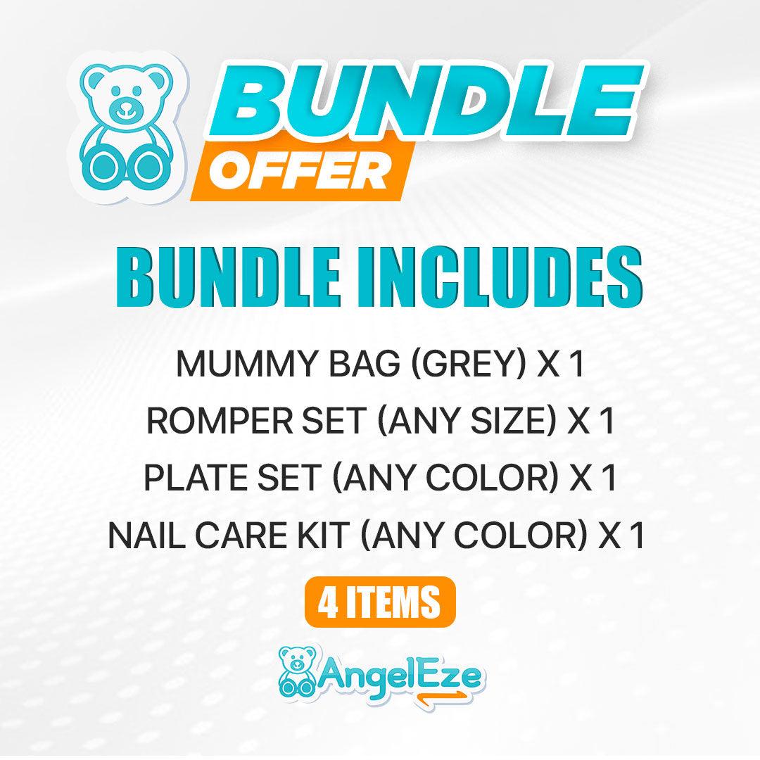 Gift Pack 7- Diaper Bag with Changing Mat + Food Grade Baby Feeding Set (4 Pieces) + Cute Nail Care Kit For Babies (4 Pieces) + Colourful Rompers (5 Piece Set) - AngelEze