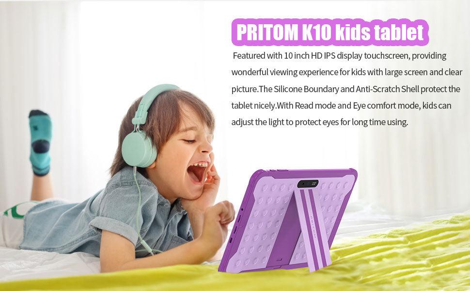 PRITOM Kids Tablet, 10.1 inch HD IPS Screen, Parental Control, 6000mAh Battery, Quad Core Processor, 2GB RAM, 32GB ROM, Dual Camera 2MP + 8MP, with Kids-Tablet Case - AngelEze