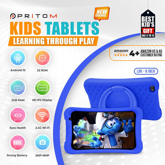 PRITOM Kids Tablet, 8 inch HD IPS Screen, Android 10, Parental Control, Quad Core Processor, 2GB RAM, 32GB ROM,  2MP + 8MP Dual Camera, with Kids-Tablet Case - AngelEze