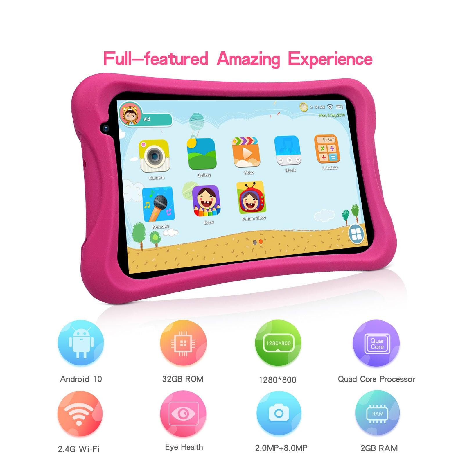 PRITOM Kids Tablet, 8 inch HD IPS Screen, Android 10, Parental Control, Quad Core Processor, 2GB RAM, 32GB ROM,  2MP + 8MP Dual Camera, with Kids-Tablet Case - AngelEze