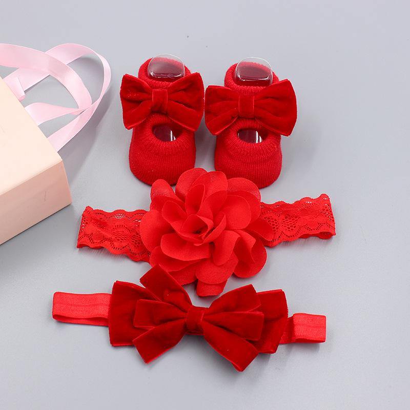 Picture Perfect Red Flower Headband And Socks Set for Little Angels – 3 Pieces - AngelEze